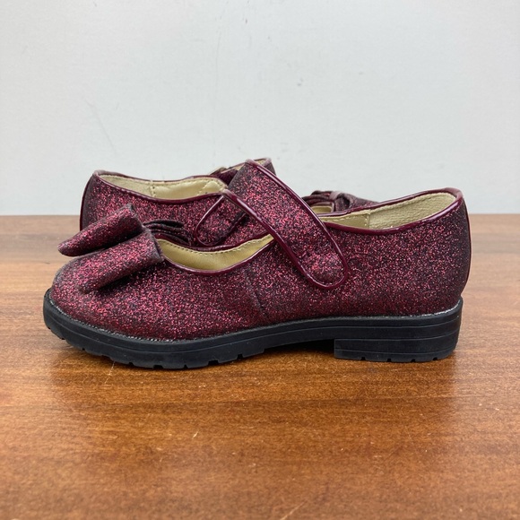 Sugar Brand Kenna Burgundy Sparkle Bow Mary Jane Flats Hook Loop Girls Size 10M. - Picture 8 of 12